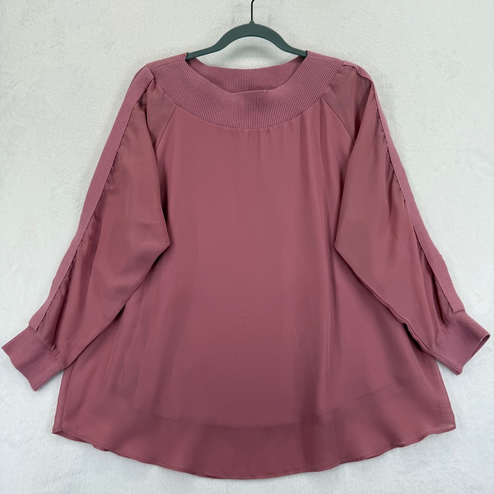 Soft Surroundings Womens Top Large Mauve Ribbed Trim Long Sleeve Blouse
